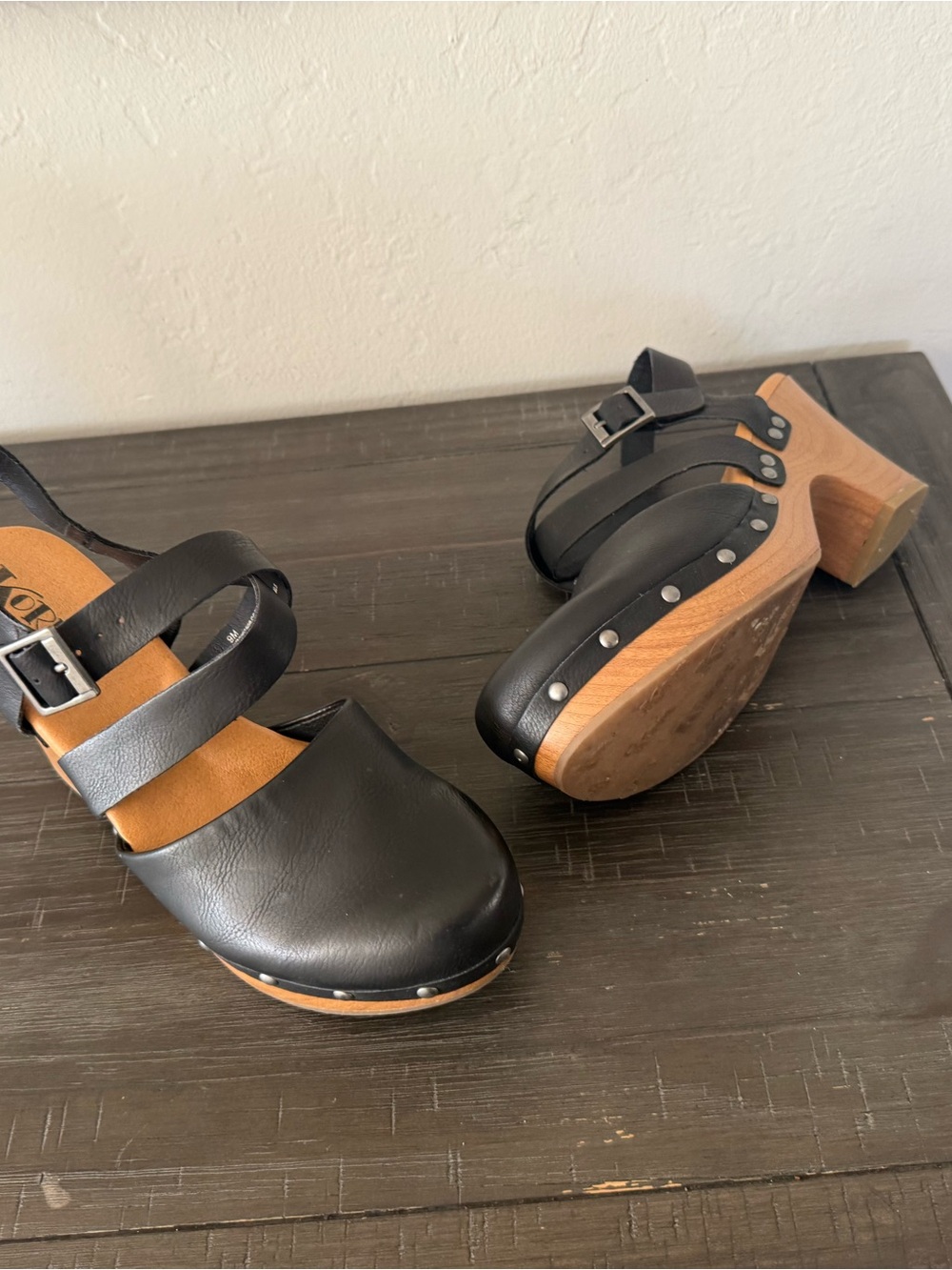Kork-Ease Black Leather Studded Clog Sandals with Buckle Straps